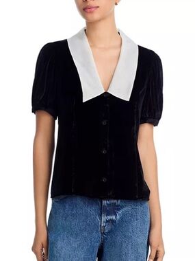 Frame Denim The Velvet Sailor Blouse Size M Black Button-Down Top White Collar